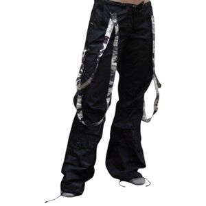UFO black strappy camo low rise hipster parachute pant S